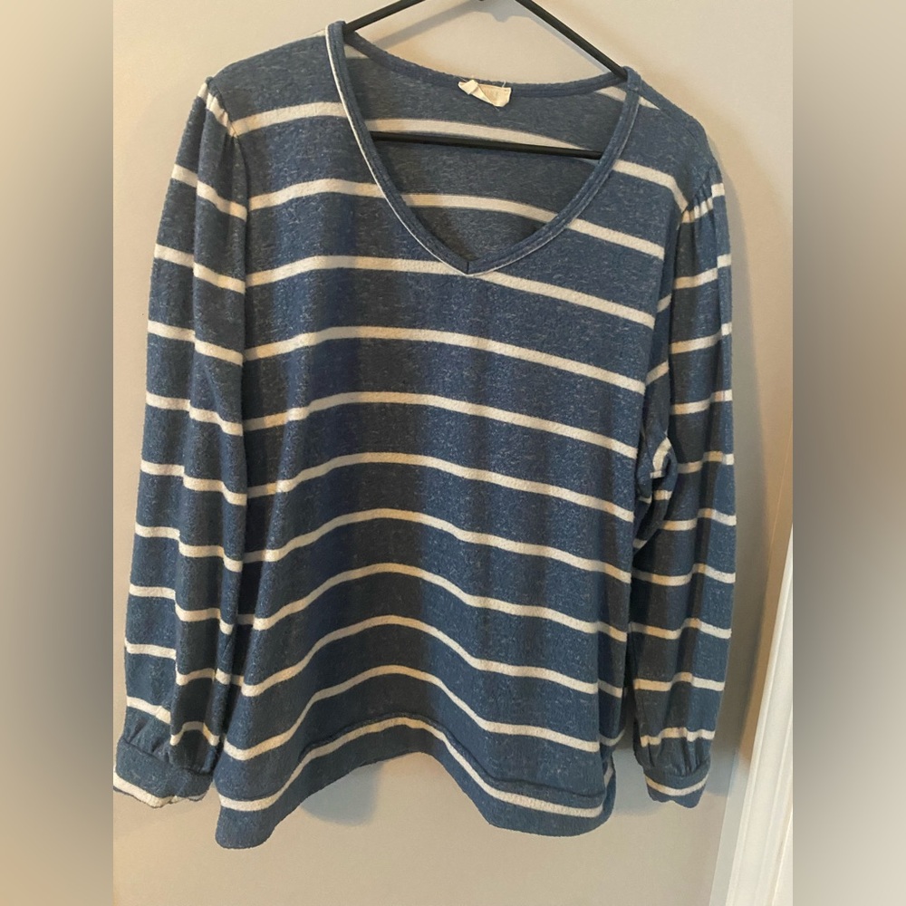 Blue and White Striped V-Neck Sweater
